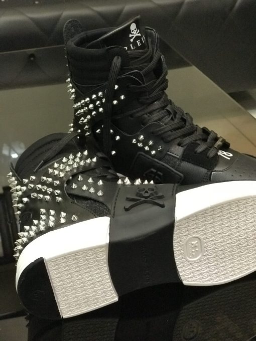 کد 1801 بوت فیلیپ پلین Philipp Plein چرم مشکی میخ نقره ای - تصویر 2